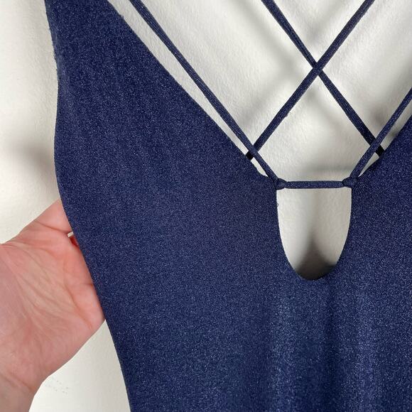 Misha Veronika Metallic Cutout Bodycon Midi Dress Nightshade Blue Size 10 - Picture 10 of 15